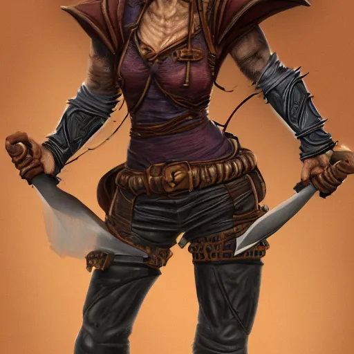 Prompt: character portrait of a crazed female goblin wielding daggers and wearing fully clothed leather armor. d & d. digital painting. high detail. trending on artstation. larry elmore.