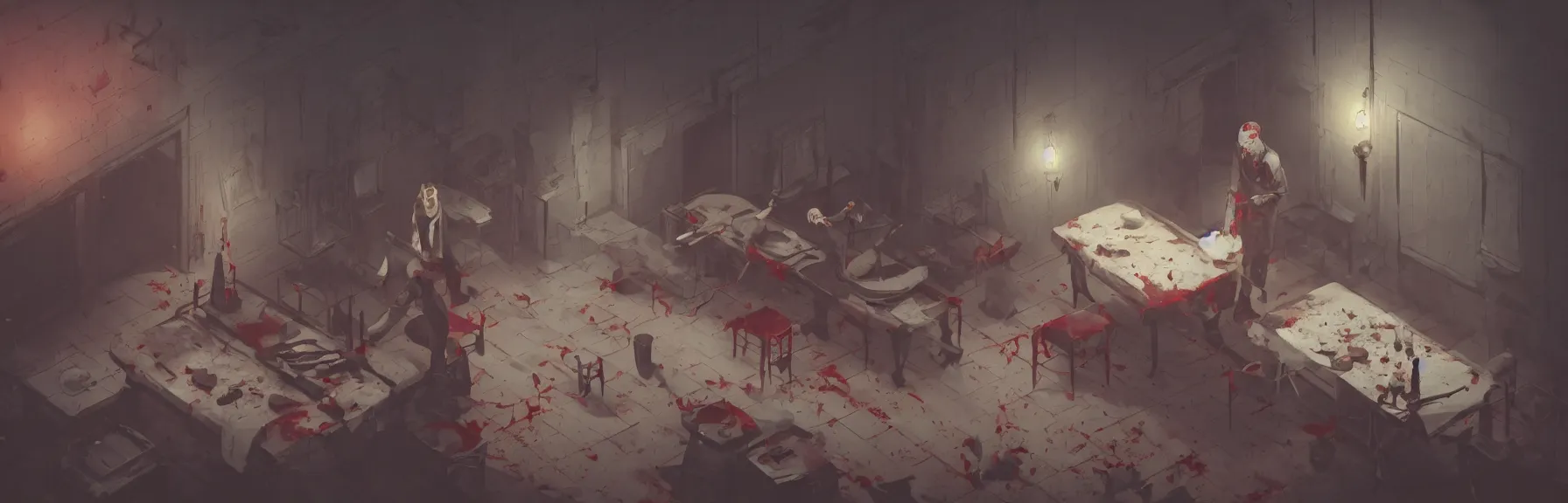 Image similar to a faceless butcher chopping up human bodies on a bloodstained table in a dark scary hunted dilapidated room, dim lighting, petrine crosses on wall, isometric, wide view, cinematic view, ultrarealistic, 8 k, unreal engine, by atey ghailan, artstation