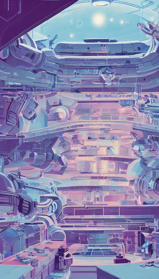 Prompt: spaceship factory inside a space station, sharp focus, james gilleard, moebius, print, risograph, cinematic, game art