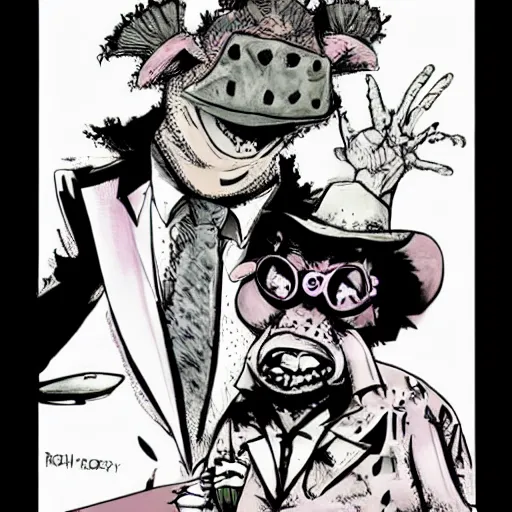 Image similar to Bebop and Rocksteady as Raoul Duke and Doctor Gonzo from Fear and Loathing in Las Vegas. Drawn by Ralph Steadman