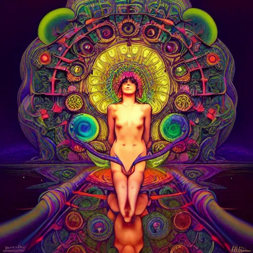 Image similar to An extremely psychedelic experience, reality bending, morphing, transforming, colorful, surreal, magic mushrooms, psilocybin, LSD, face, detailed, intricate, elegant, highly detailed, digital painting, artstation, concept art, smooth, sharp focus, illustration, art by Krenz Cushart and Artem Demura and alphonse mucha