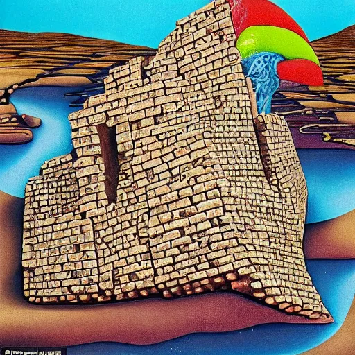 Prompt: a vivid surrealist painting of a melting, gooey, medieval ruin made out of melting ice cream, the walls are wavy and slowly melting under the heat of the sun. made of melting ice iglo bricks on a hill in the mountains and forest on a scorching hot day, in the style of dali