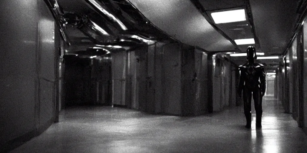 Image similar to a tight shot of a dark Alien ship interior corridor by Ridley Scott, high contrast, Aliens movie, grainy, moody, dark, bleak, ARRIFLEX 35 III Camera