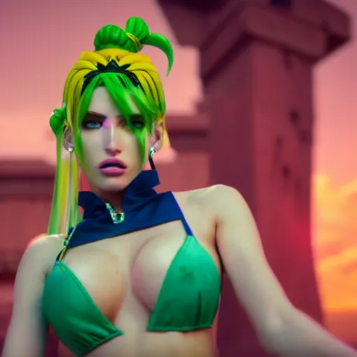 Image similar to cinematic scene with bella thorne as jolyne from jojo's bizarre adventure, stone ocean, dramatic, small details, volumetric lighting, still frame