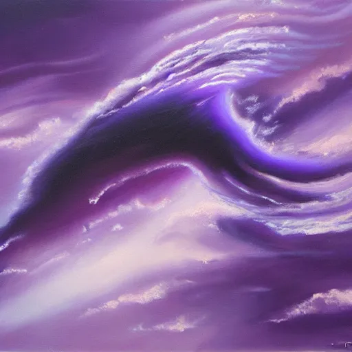 Image similar to a detailed oil painting of a purple tornado descending from the clouds in the ocean. the color of the tornado is purple, and its really realistic