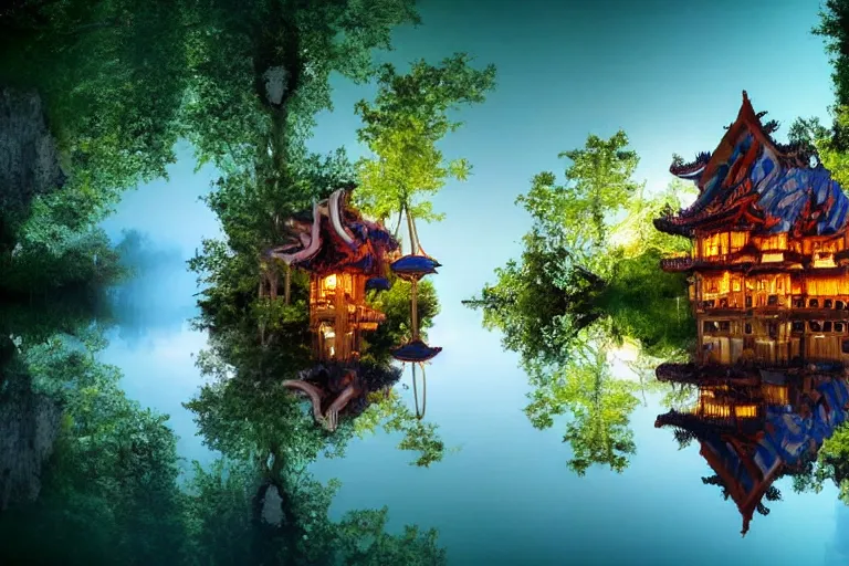 Image similar to treehouses from gaudi in a deep mystical forest, floating chinese lampoons, lake, waterfall, dynamic lighting, blockhaus architecture, night mood