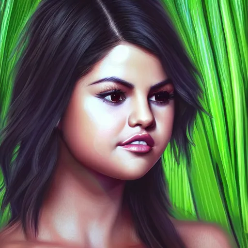 Image similar to photorealistic digital painting of selena gomez as celery hybrid mutant, hd, artstation, 4 k wallpaper