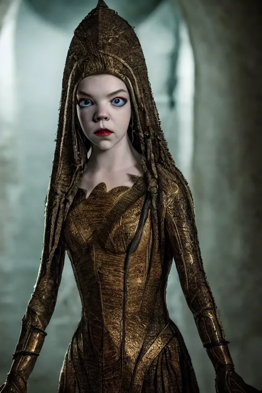 Image similar to dressed anya taylor - joy as senobith, symmetrical, cinematic, elegant, dark, real photography, costume made by clive barker, 4 k, ultra hd, sense of awe