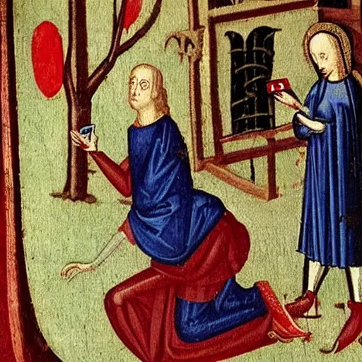 Prompt: medieval painting of the devil tempting a woman checking her iphone