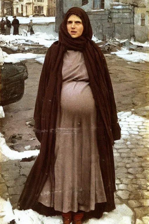 Prompt: full-length portrait of a pregnant woman on the street of besieged Leningrad, historically reliable photo chronicle, winter 1941, ultra detailed digital art, octane render, 4K, dystopian, by john william waterhouse and Edwin Longsden Long and Theodore Ralli and Nasreddine Dinet