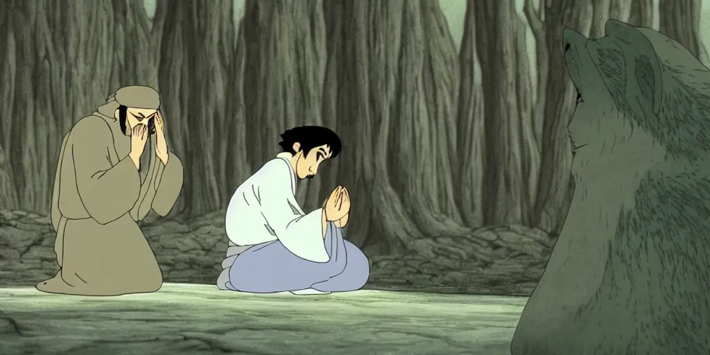 Image similar to a cell - shaded cartoon movie still from princess mononoke ( 1 9 9 7 ) of a middle eastern imam kneeling in prayer. an elegant angel flies above him. very dull muted colors, hd, 4 k, hq