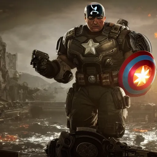 Prompt: Donald Trump as captain america in Gears of War, splash art, movie still, cinematic lighting, dramatic, octane render, long lens, shallow depth of field, bokeh, anamorphic lens flare, 8k, hyper detailed, 35mm film grain