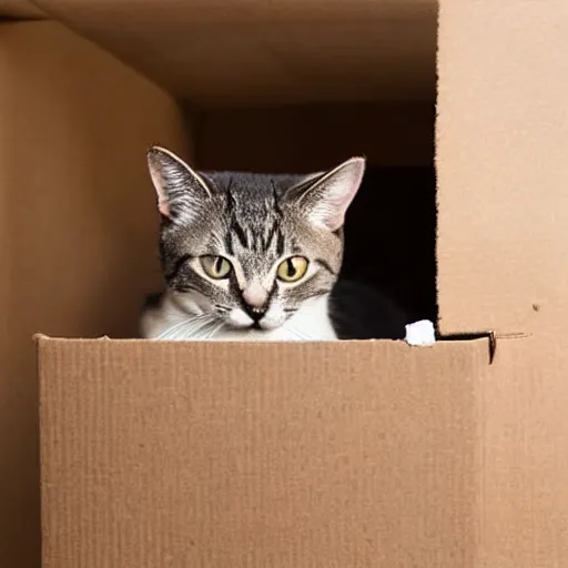 Image similar to cat sticking his head out of a small hole in a cardboard box