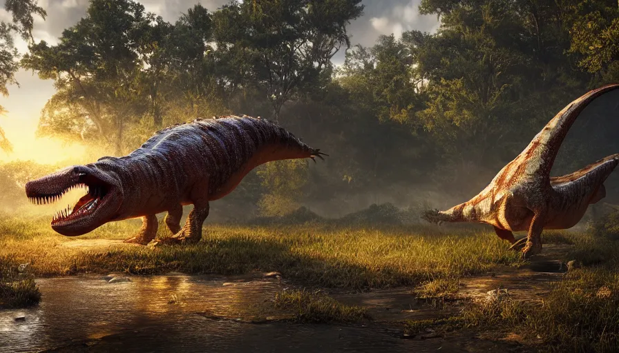 Prompt: hyper realistic highly detailed nature photography of a spinosaurus, prehistoric planet, volumetric lighting, octane render, 4 k resolution, golden hour