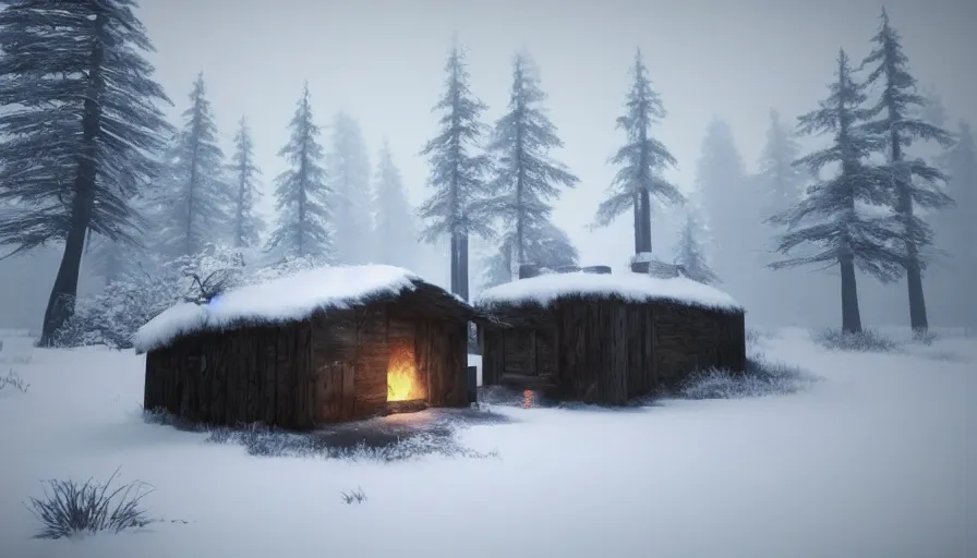 Image similar to Unreal Engine Survival Game in a cozy! warm small hut!!. Outside is a blizzard and Heavy Thick snow with Fog and Mist in a Beautiful dark Landscape, Distant Lights, Hyperrealistic, Hyperdetailed, Concept Art, High Snow