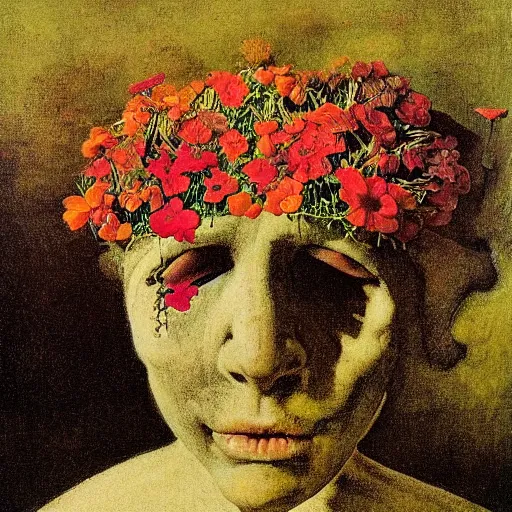 Image similar to a severed head with flowers and plants growing, by Odd Nerdrum, by Francisco Goya, by M.C. Escher, beautiful, eerie, surreal, colorful