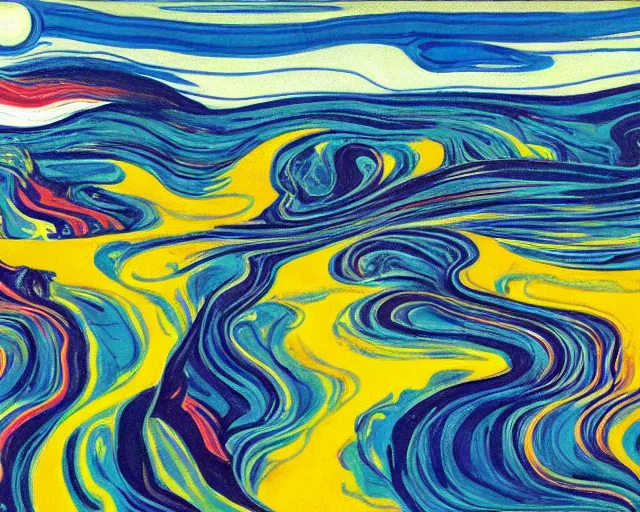 Image similar to A wild, insane, modernist landscape painting. Wild energy patterns rippling in all directions. Curves, organic, zig-zags. Saturated color. LSD. DMT. Mountains. Clouds. Rushing water. Sci-fi dreamworld. Wayne Thiebaud. Edvard Munch landscape.