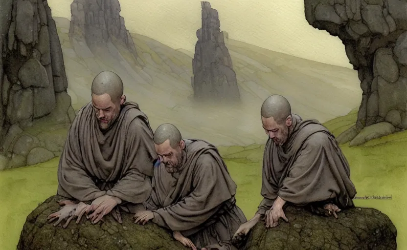 Image similar to a hyperrealist watercolour character concept art portrait of small grey medieval monks with their hands above their heads. a megalithic flat rock floats in the air above him. it is a misty night on the moors of ireland. by rebecca guay, michael kaluta, charles vess and jean moebius giraud