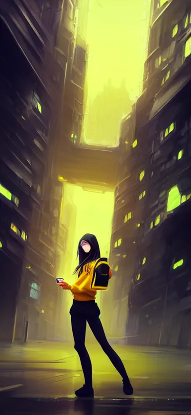 Prompt: a vtuber model concept art of a beautiful girl in a black and yellow hoodie holding an iphone, blue eyes, long hair, full body art, futuristic city background, artstation, digital art, commission art, style by jordan grimmer and greg rutkowski, 4 k resolution