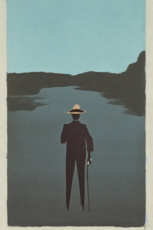 Image similar to man standing by a river, 1960’s minimalist advertising illustration, painterly, expressive brush strokes