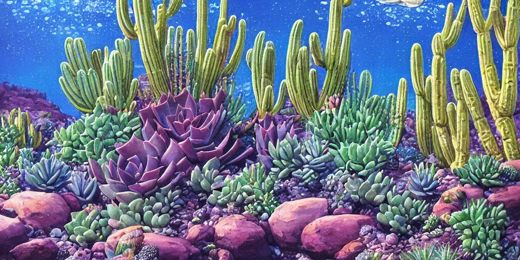 Prompt: a desert with a lot of succulents underwater super detailed acrylic painting, movie poster 7 0's