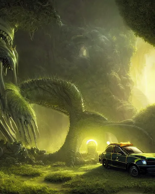 Prompt: xenomorph taxi car in a fantasy village, calming, uplifting mood, ultra realistic, farm, small buildings, highly detailed, atmosphere, masterpiece, epic lighting, elves, green plants, magic, illuminated, 4 k, cinematic, morning sun, art by eddie mendoza and sylvain sarrailh and jonathan berube