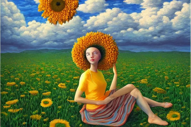 Image similar to giant daisy flower head, woman sitting, surreal, clouds in sky, impressionist painting, digital painting, artstation, rob gonsalves