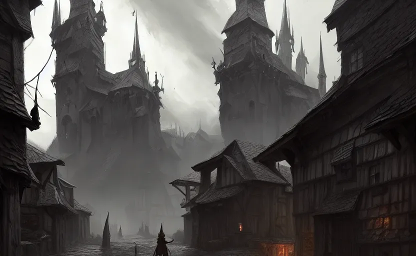 Image similar to epic concept art depicted an old medieval mystic town | art by jakub rebelka and thornton oakley and darek zabrocki and harvey dunn | dramatic mood, overcast mood, dark fantasy environment | trending on artstation, unreal engine, hyperreal movie shot