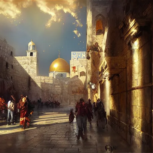 Image similar to the old city of jerusalem by raymond swanland, highly detailed, bright tones