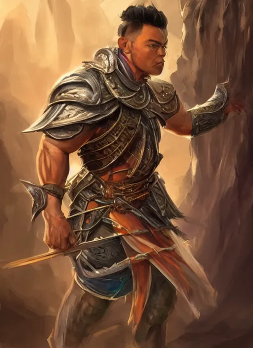 Image similar to muscly asian man middle parted hair, dndbeyond, bright, colourful, realistic, dnd character portrait, full body, pathfinder, pinterest, art by ralph horsley, dnd, rpg, lotr game design fanart by concept art, behance hd, artstation, deviantart, hdr render in unreal engine 5