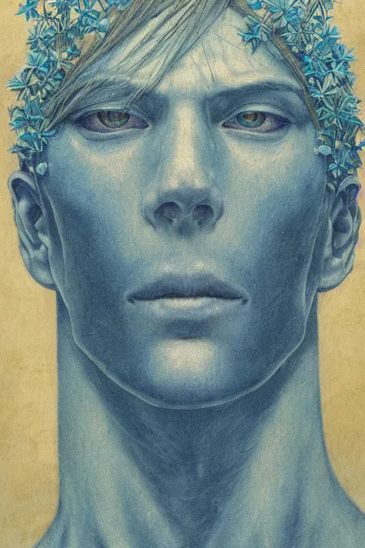 Image similar to portrait of beautiful young man, warhammer, japanic style, cyberpunk, a lot of scars, more and more flowers, blue head, the middle ages, highly detailed, artstation, illustration, art by jean delville, 8 k quality