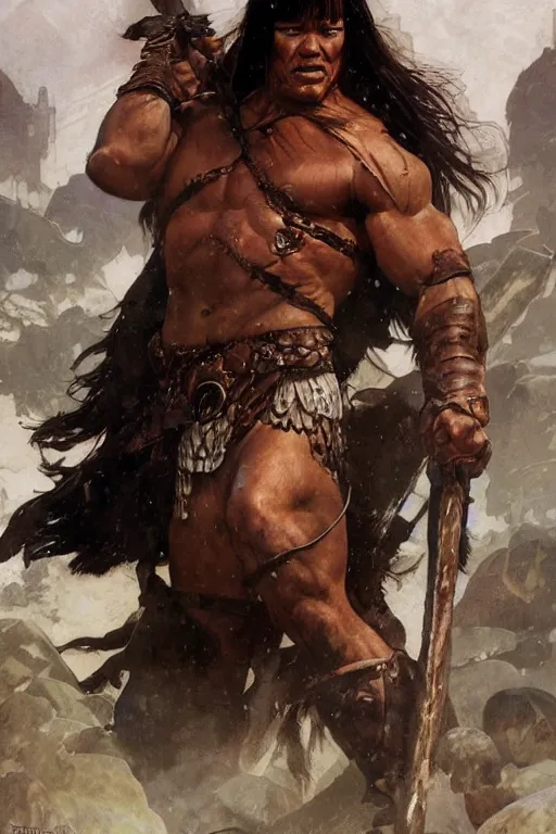 Prompt: Conan the Barbarian portrait by Stanley Artgerm Lau, greg rutkowski, thomas kindkade, alphonse mucha, loish, norman Rockwell