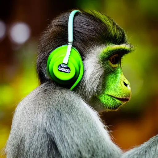 Prompt: a photo of a green monkey wearing headphones