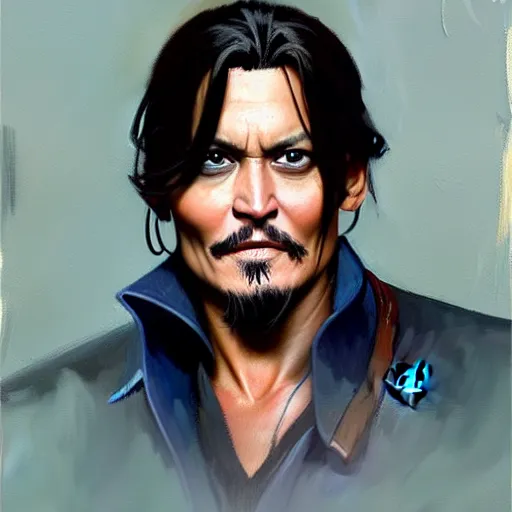 Prompt: greg manchess portrait painting of johny depp as overwatch character, medium shot, asymmetrical, profile picture, organic painting, rainy day, matte painting, bold shapes, hard edges, street art, trending on artstation, by huang guangjian and gil elvgren and sachin teng