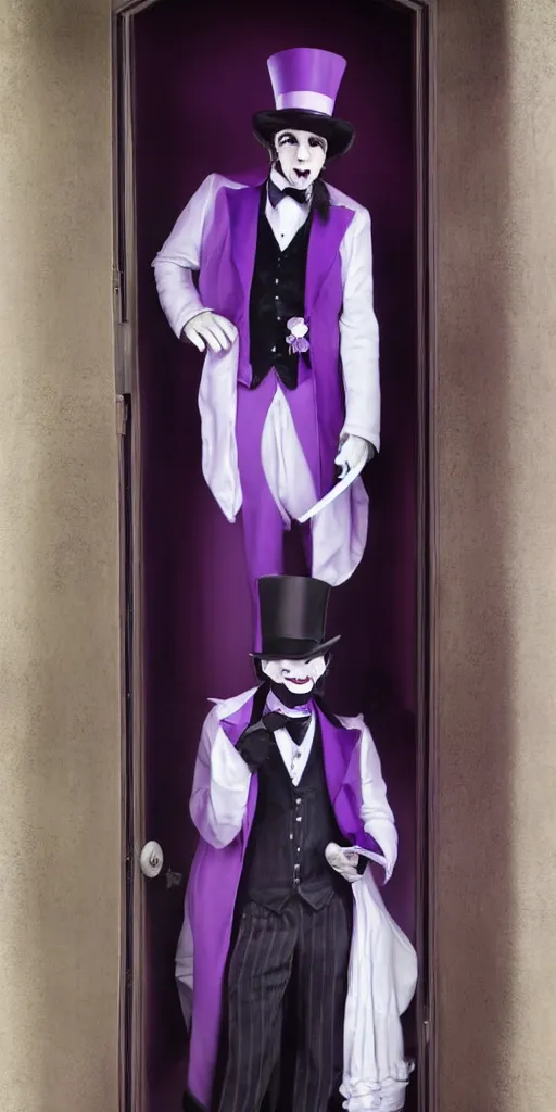 Image similar to a purple skinned tiefling with a goatee wearing a white suit and tophat standing in a doorway, purple skin, goatee, by Mark Brooks
