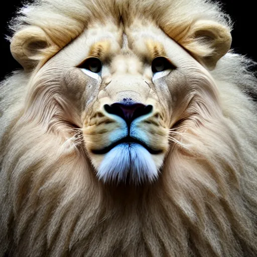 Prompt: a highly detailed studio photograph of a fluffy albino lion,studio lights,hyperdetailed,detailed face,3 point lighting,professional photography,professional lighting,cute,4k,photorealistic,wide angle shot