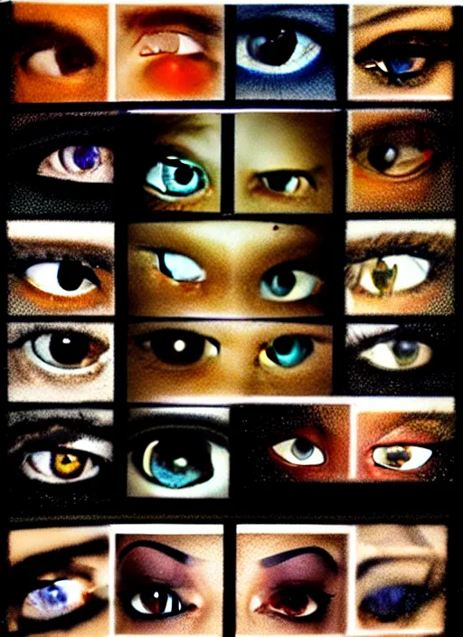 Image similar to grid montage of cube shaped eyes, square shaped black dilated pupils, cube shaped irises, detailed colored textures, eyelashes, advanced art, art styles mix, from wikipedia, wet reflections in square eyes, sunshine light, hd macro photograph, from side, various eyelid positions, square black pupil centered