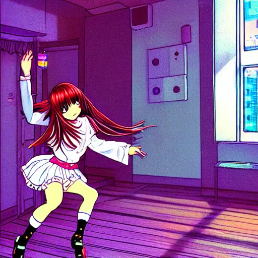 Prompt: cute girl wearing a white girl dancing joyfully in her bedroom at night, cyberpunk lighting, illustrated by naoko takeuchi