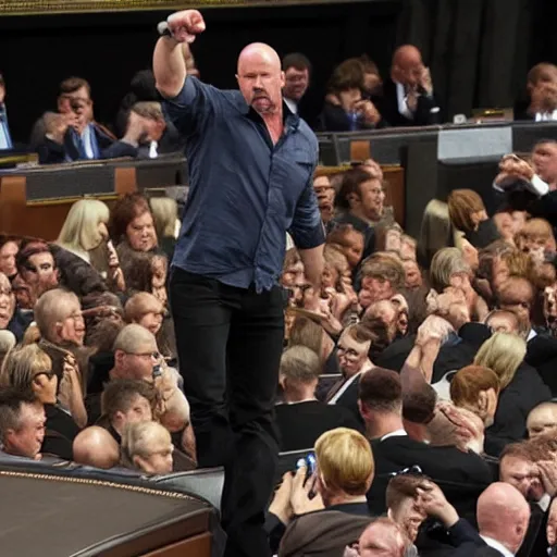 Image similar to stone cold steve austin addresses parliment, high detail, photorealistic,