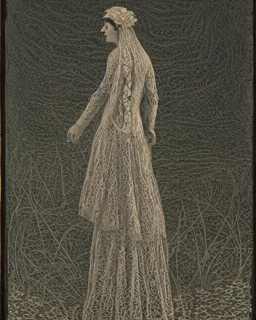 Image similar to a woman standing by the sea, made of intricate decorative lace leaf skeleton, in the style of the dutch masters and gregory crewdson, dark and moody