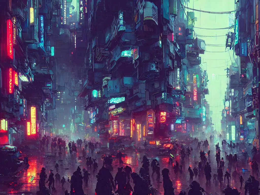Image similar to concept art of a cramped cyberpunk street filled with people during obon festival, grimy, gritty, blade runner 2 0 4 9, trending on artstation, award winning painting, cgi, art by john berkey and anton fadeev and john howe and simon stalenhag and greg rutkowski
