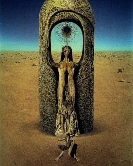 Prompt: a strange big sacred geometry pagan otherworldly monument in the middle of a desert, uncomfortable atmosphere, very expressive, powerful painting, collab by dali, carrington and beksinski