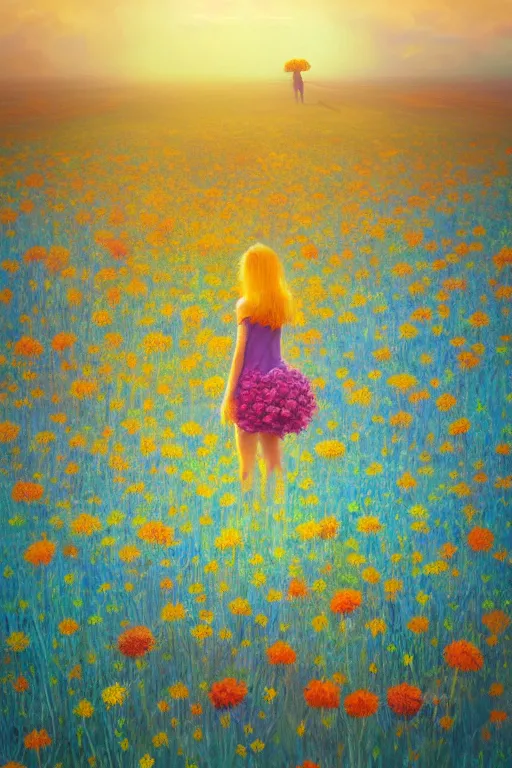 Image similar to closeup, giant flower head, girl standing in a field of flowers, surreal photography, sunrise, blue sky, dramatic light, impressionist painting, digital painting, artstation, simon stalenhag