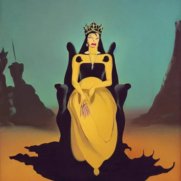 Image similar to an oil painting of a queen in a black funeral dress sitting on a throne, by bruce pennington, by eyvind earle, nicholas roerich, by frank frazetta, by georgia o keeffe