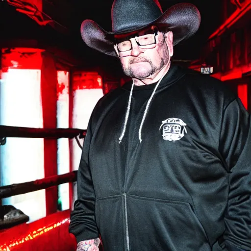 Image similar to Good ol' JR Jim Ross, wearing a tracksuit, standing in a dark alleyway, wearing a black cowboy hat, cyberpunk