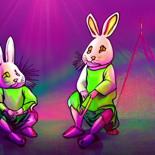 Prompt: two rabbits laying music on a stage with green and pink stage lights