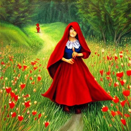 Image similar to painting of little red riding hood walking through a meadow of datura flowers, realistic