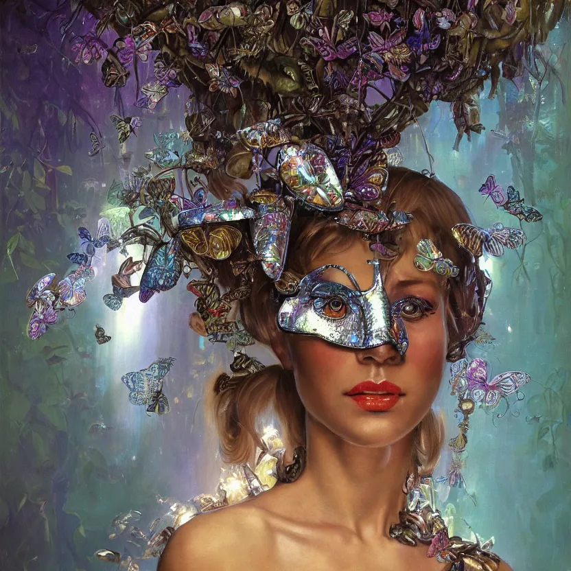 Prompt: a close - up neoclassicist portrait of an alien girl wearing an iridescent butterfly mask surrounded by silver mushrooms in a jungle. reflective textures. glowing fog in the background. highly detailed fantasy science fiction painting by norman rockwell, frank frazetta, and syd mead. rich colors, high contrast, gloomy atmosphere, dark background. trending on artstation