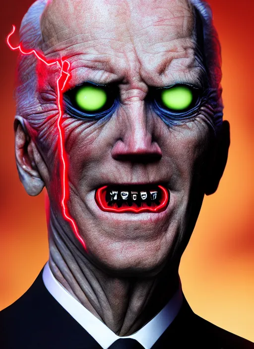 Prompt: hyper realistic ultra realistic cenobite pinhead biden photo furious glowing red eyes biden, high quality photo, detailed , 8k