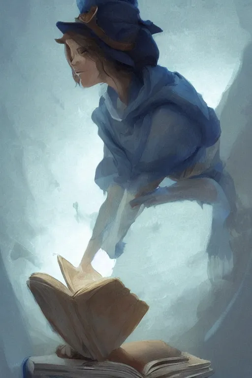 Prompt: concept art of fitzchevalry reading the book les antiseches du bonheur of jonathan lehmann, nighteyes is looking warmly over his shoulders, by aenaluck, artgerm and roberto ferri and greg rutkowski, blue and white tones, digital painting, artstation, concept art, smooth, sharp foccus ilustration hq